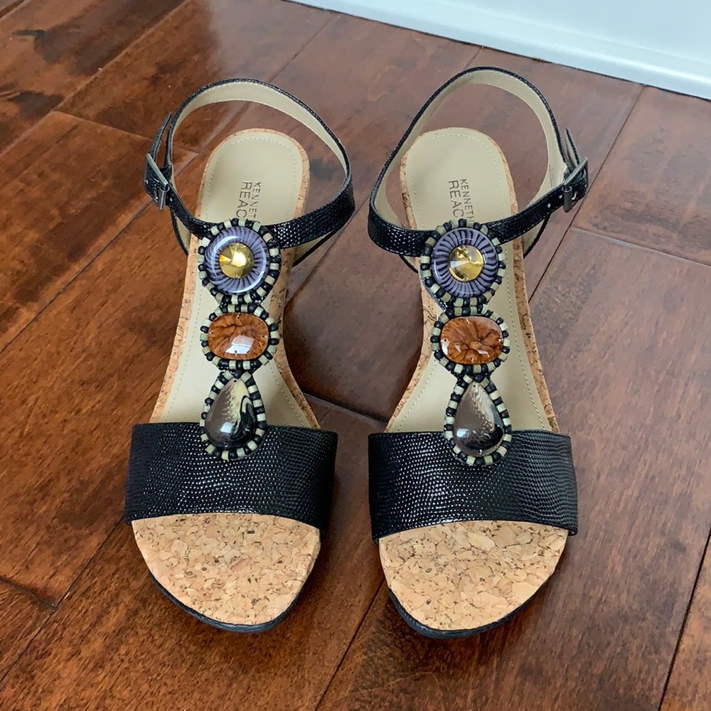 KENNETH COLE REACTION Black Snake Print Cork Wedges